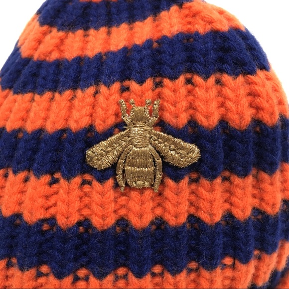 Gucci Bee Beanie -100% Wool -Orange / Blue Striped -NWT - Picture 2 of 7